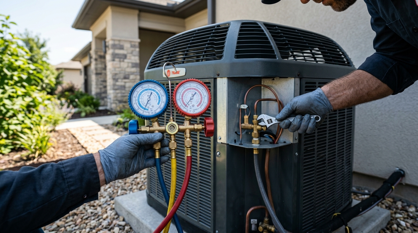 Certified K2 HVAC technician performing precision diagnostic service on outdoor condenser in Hicksville, NY