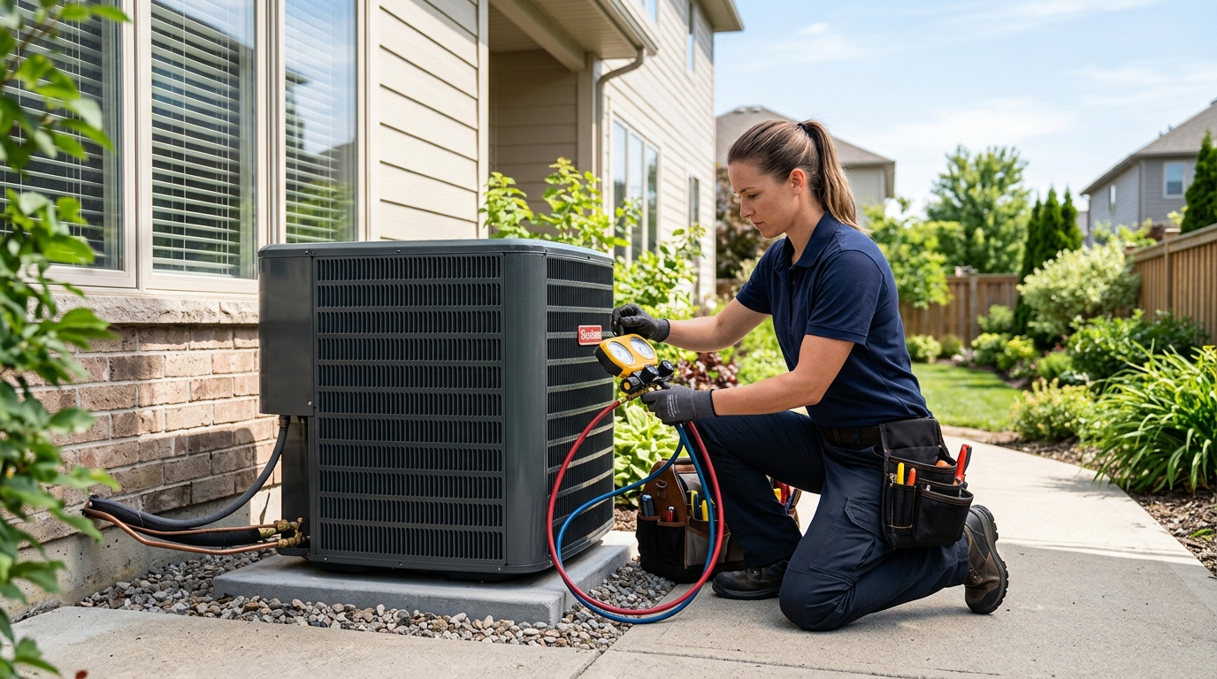 Certified K2 HVAC technician performing precision diagnostic service on outdoor condenser in Commack, NY