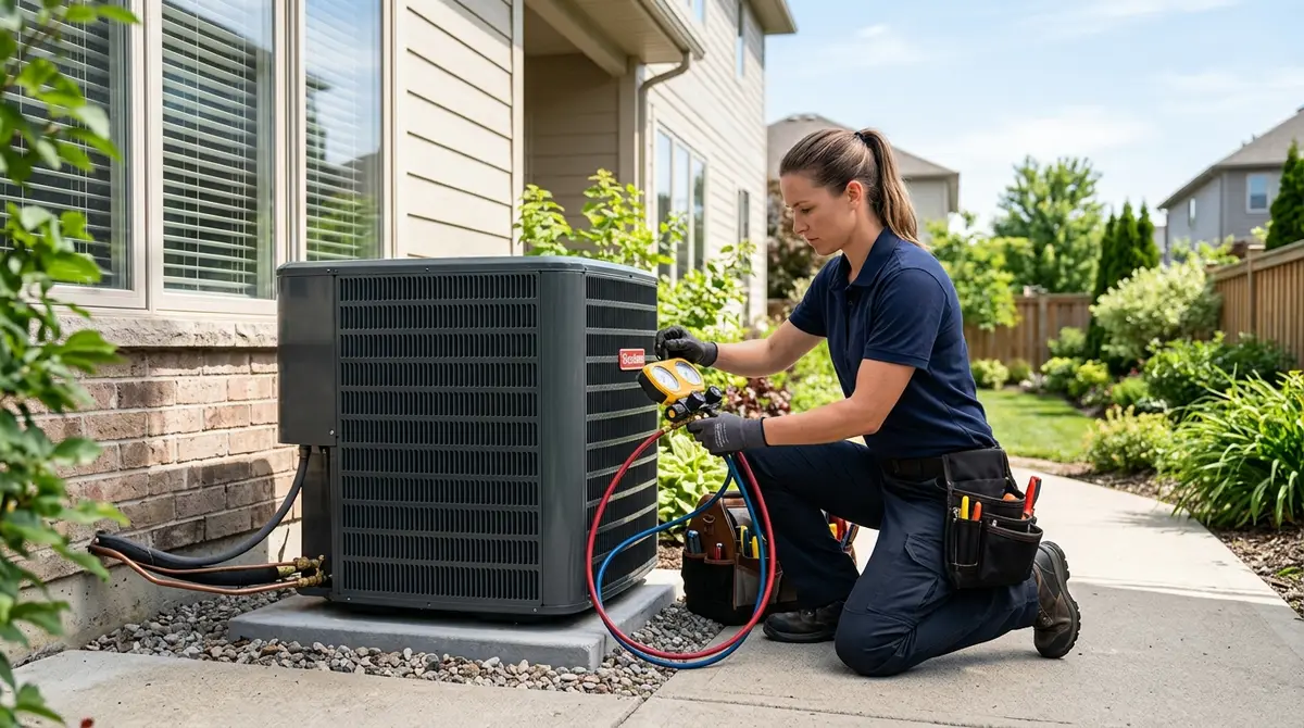 K2 HVAC technician servicing residential heating and cooling equipment in Central Islip, NY