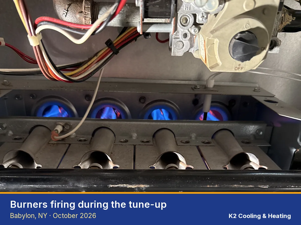 Gas furnace burners firing in Babylon