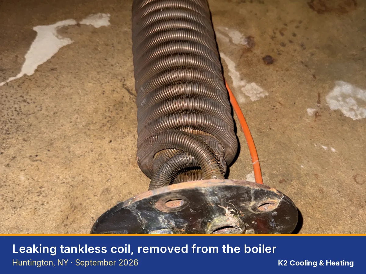 Leaking tankless coil removed from a boiler in Huntington
