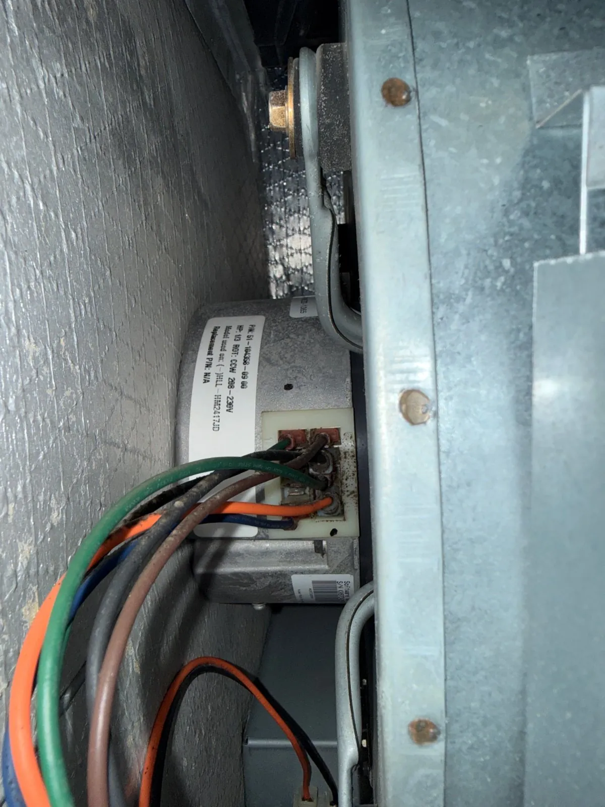 Blower motor inside the air handler cabinet, Greenlawn NY