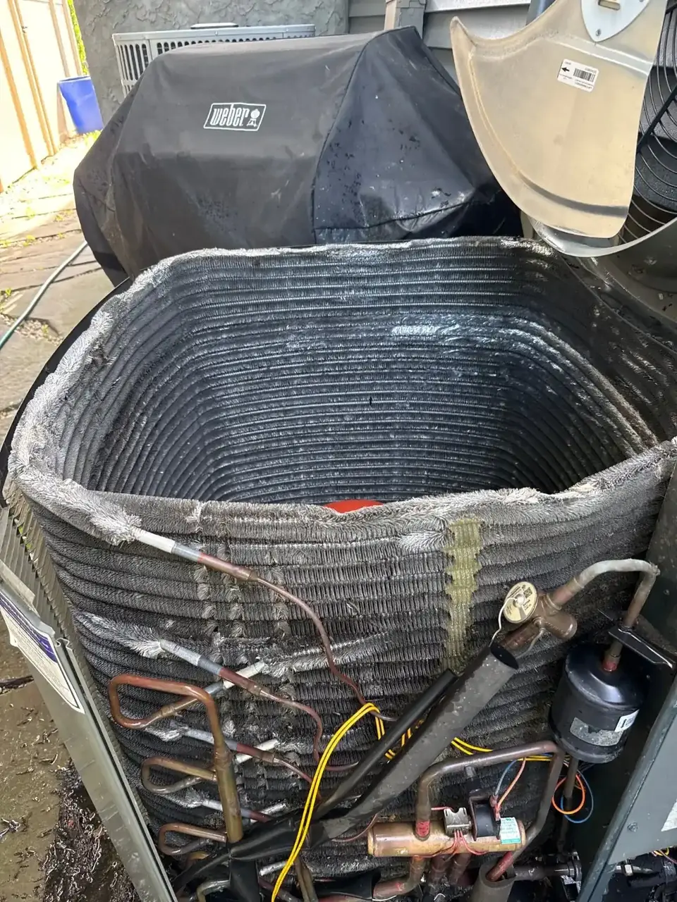 Condenser with its top removed for coil cleaning, Huntington NY